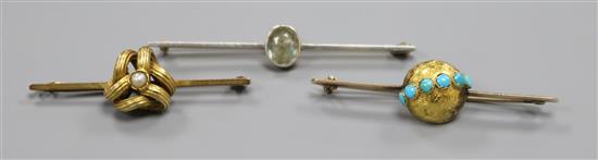 Three assorted early 20th century yellow metal and gem set bar brooches.